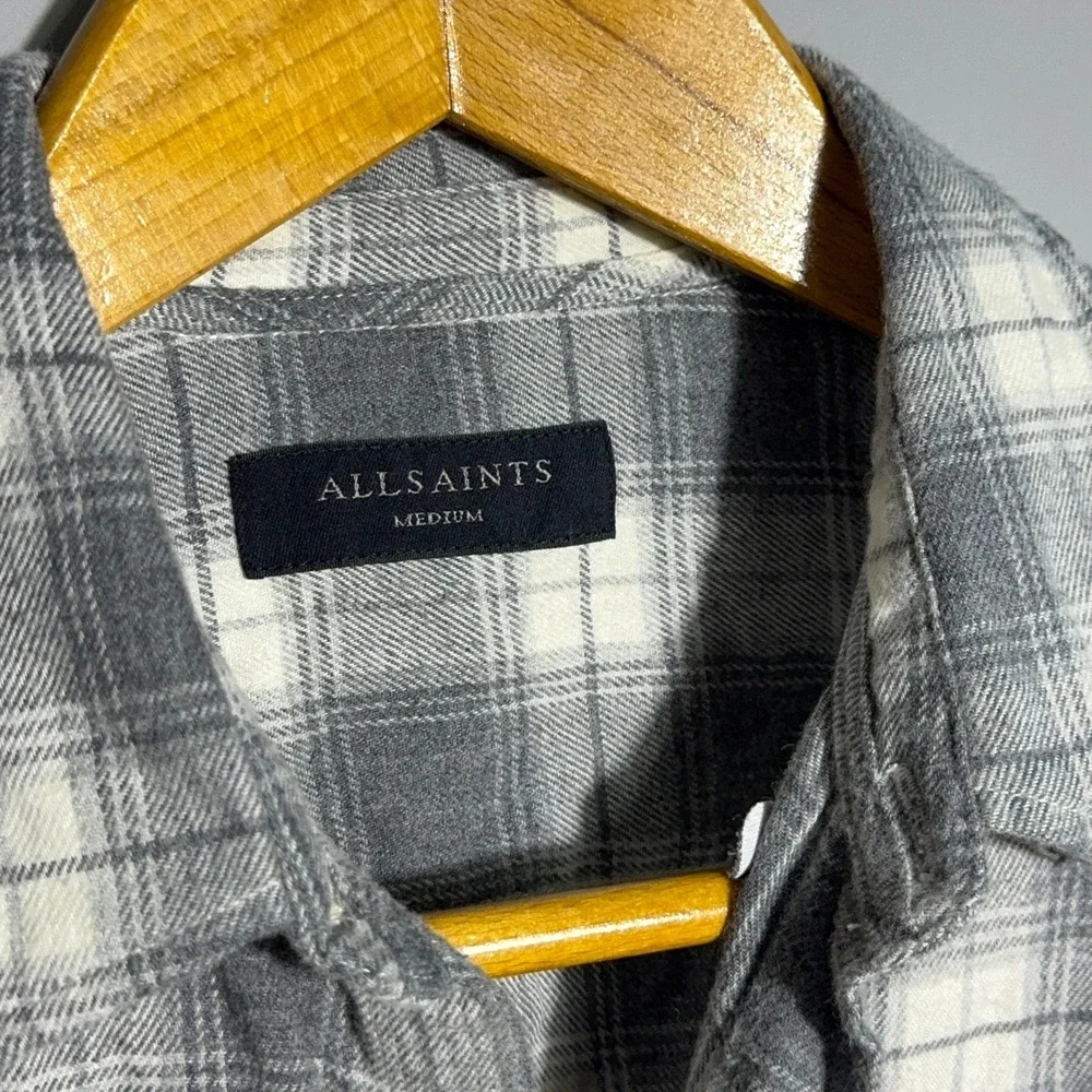 AllSaints Slim Fit Shirt Mens Size Medium Cotton Plaid Grey Flannel Button Down